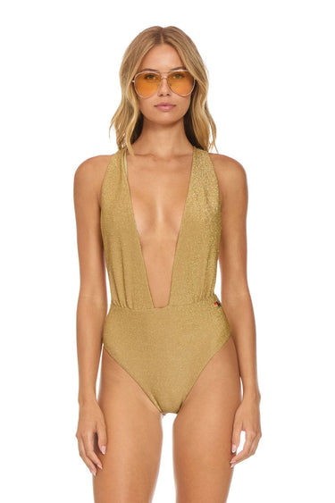 SPARKLE COMO DEEP PLUNGE CROSS BACK WOMENS ONE PIECE - SAND Swim Aviator Nation