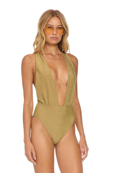 SPARKLE COMO DEEP PLUNGE CROSS BACK WOMENS ONE PIECE - SAND Swim Aviator Nation
