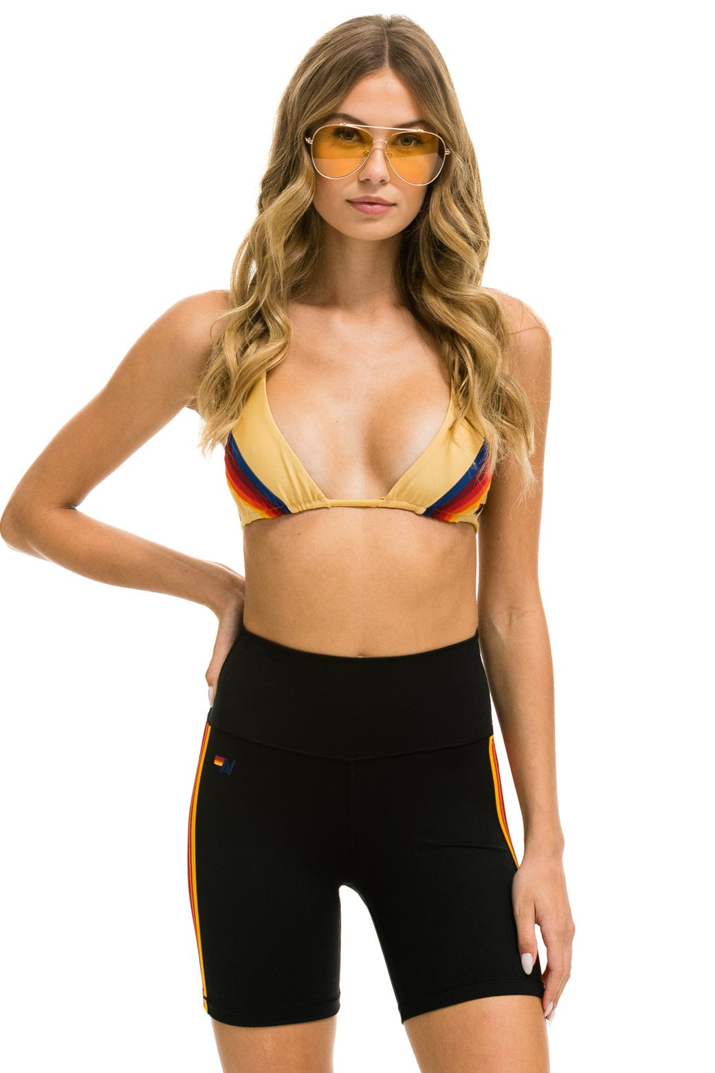 5 STRIPE RAINBOW 6 INCH HI-RISE BIKER SHORT - BLACK Women's Shorts Aviator Nation