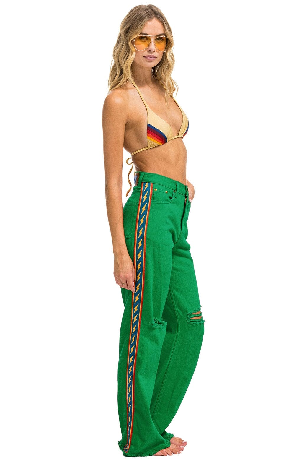 BOLT STRIPE HI RISE WIDE-LEG GYPSY JEAN - KELLY GREEN Women's Jeans Aviator Nation