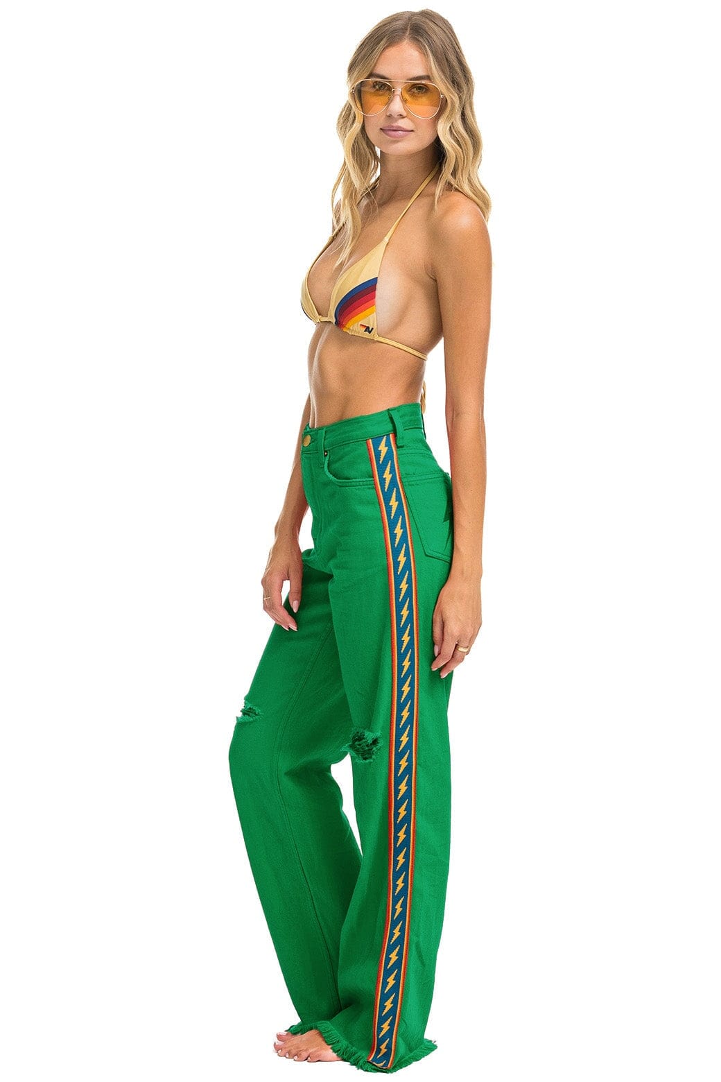 BOLT STRIPE HI RISE WIDE-LEG GYPSY JEAN - KELLY GREEN Women's Jeans Aviator Nation
