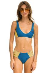 HI-WAISTED SIDE CUT OUT COLOR BLOCK CHEEKY BIKINI BOTTOMS - ANTIGUA // GOLD Swim Aviator Nation