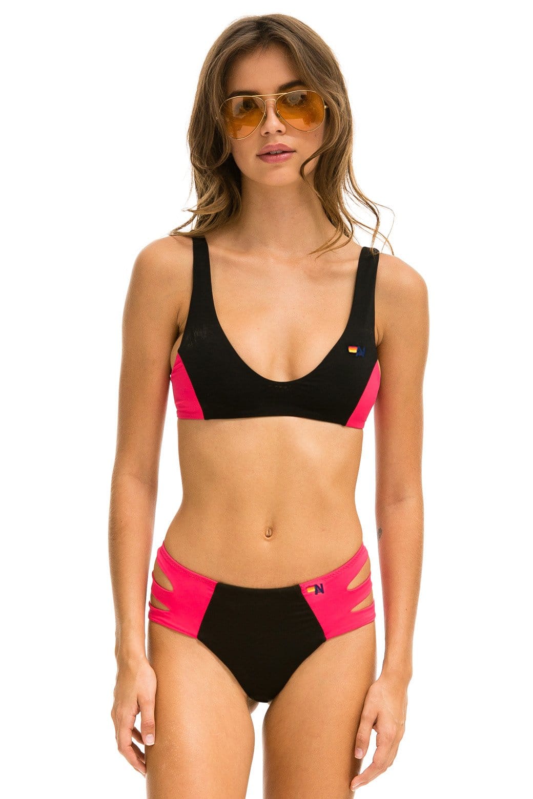 HI-WAISTED SIDE CUT OUT COLOR BLOCK CHEEKY BIKINI BOTTOMS - BLACK // RED Swim Aviator Nation