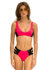 HI-WAISTED SIDE CUT OUT COLOR BLOCK CHEEKY BIKINI BOTTOMS - RED // BLACK Swim Aviator Nation