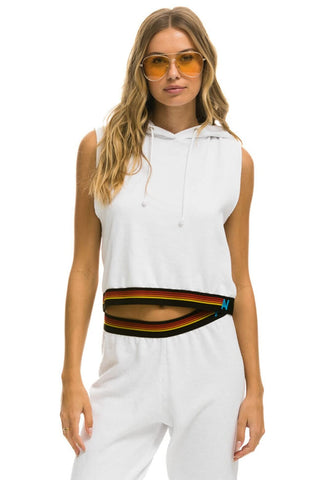 LOGO STRIPE RELAXED SLEEVELESS CROP PULLOVER HOODIE - WHITE Hoodie Aviator Nation