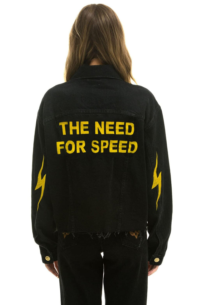 NEED FOR SPEED OVERSIZED CROP DENIM JACKET - VINTAGE BLACK Denim Jacket Aviator Nation