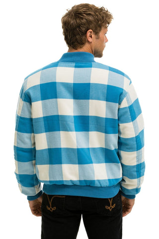 PLAID UNISEX VARSITY JACKET - SKY PLAID Unisex Outerwear Aviator Nation
