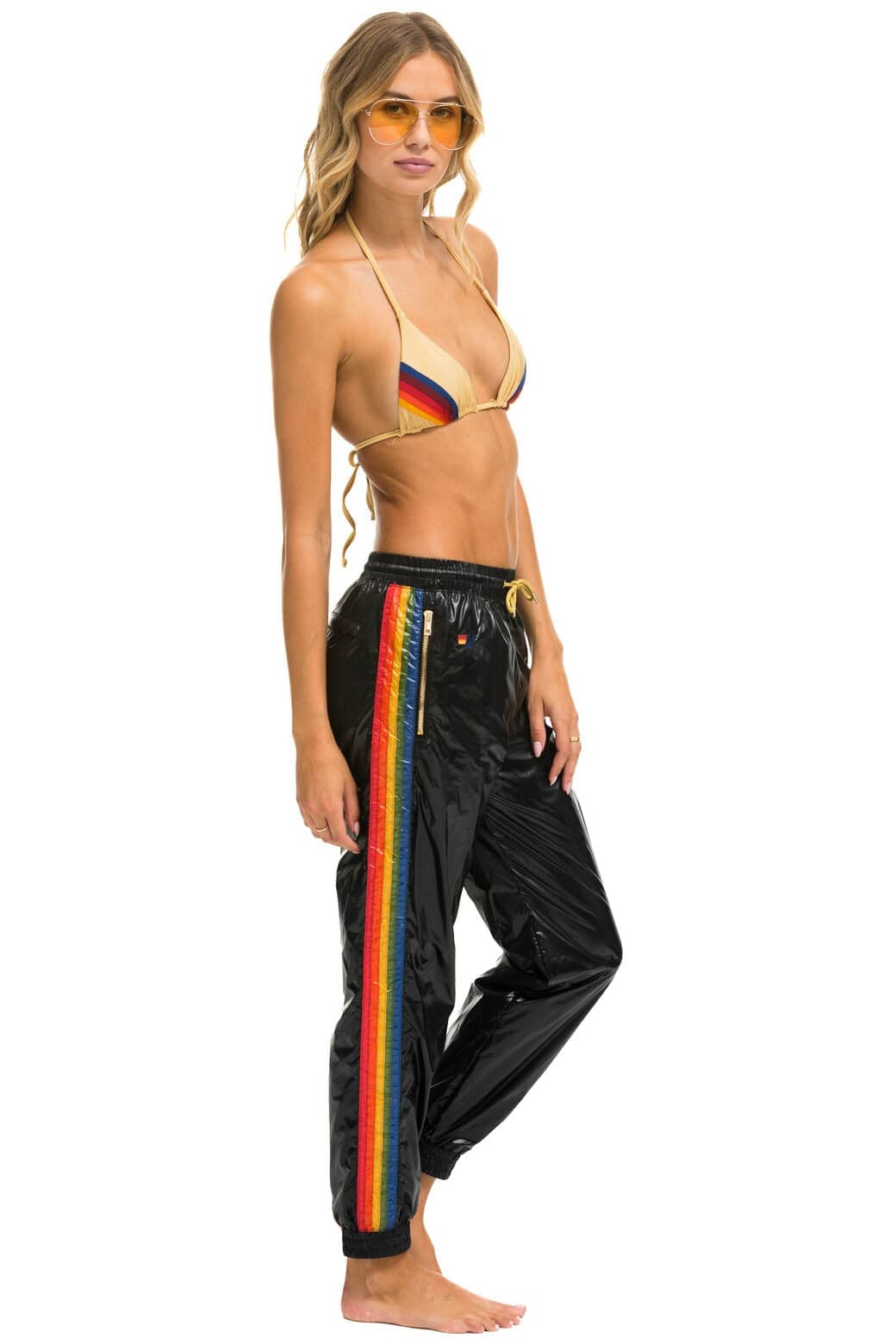WOMEN'S 5 STRIPE WIND PANT - BLACK GLOSSY Women's Sweatpants Aviator Nation
