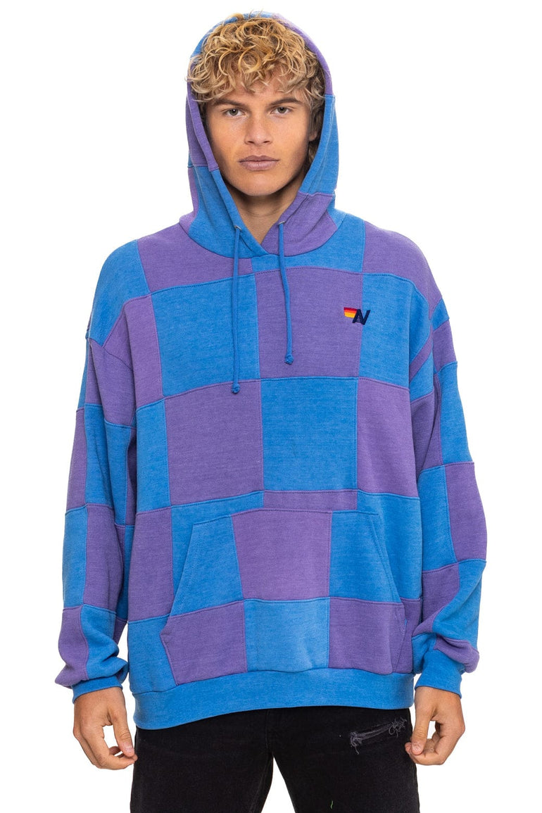 CHECK QUILT RELAXED PULLOVER HOODIE - LAVENDER // OCEAN