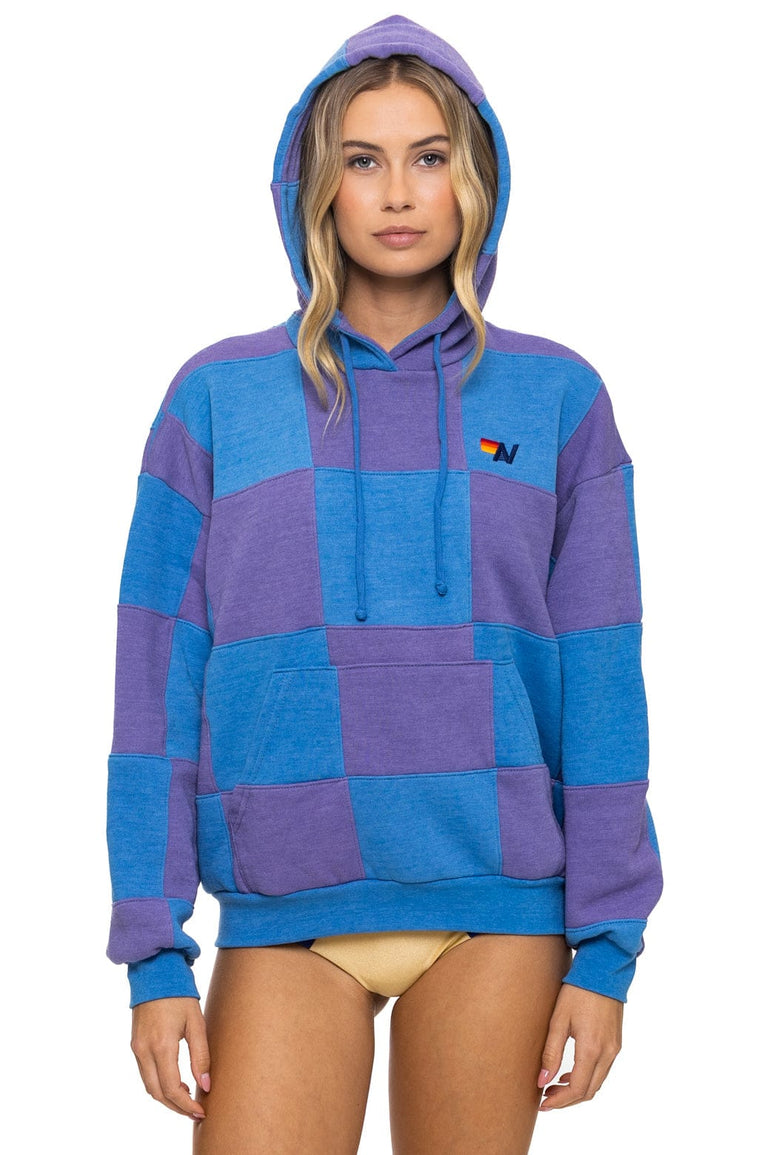 CHECK QUILT RELAXED PULLOVER HOODIE - LAVENDER // OCEAN