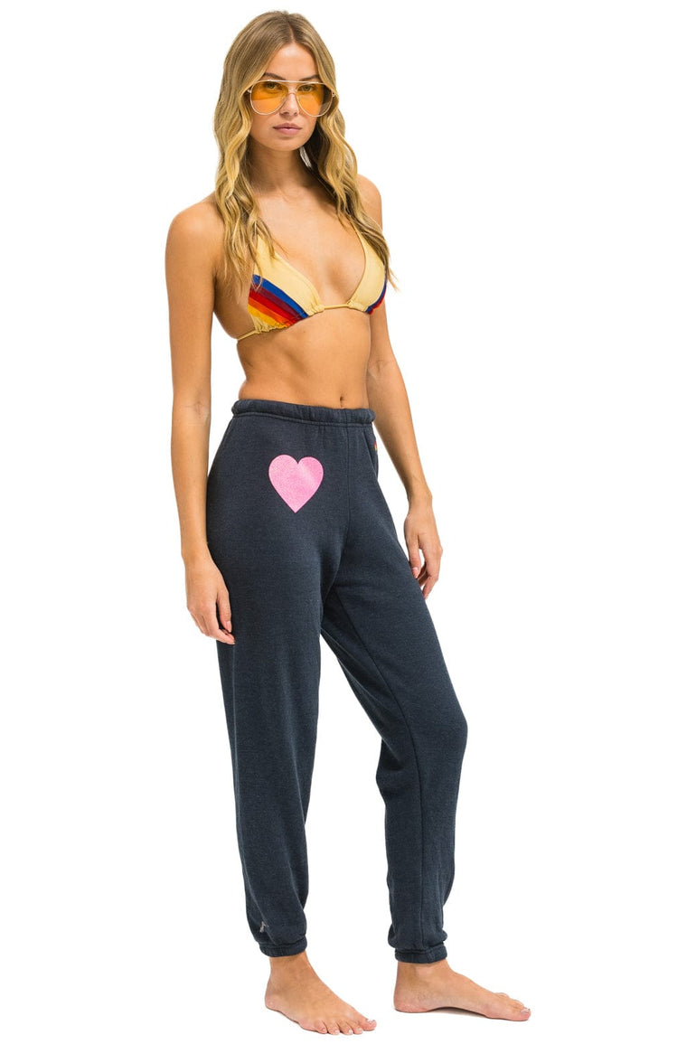 GLITTER HEART SWEATPANTS - CHARCOAL // NEON PINK