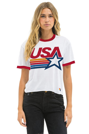 USA STAR BOYFRIEND RINGER TEE - WHITE // RED