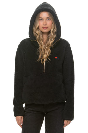 TEDDY UNISEX HOODED HALF ZIP JACKET - BLACK