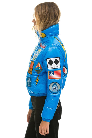 VINTAGE DENIM APRES PUFFER JACKET - BLUE CINA GLOSSY Women's Outerwear Aviator Nation 