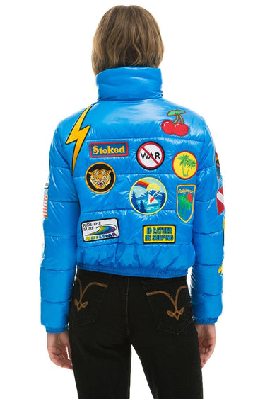 VINTAGE DENIM APRES PUFFER JACKET - BLUE CINA GLOSSY Women's Outerwear Aviator Nation 