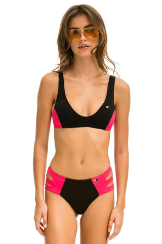 HI-WAISTED SIDE CUT OUT COLOR BLOCK CHEEKY BIKINI BOTTOMS - BLACK // RED Swim Aviator Nation 