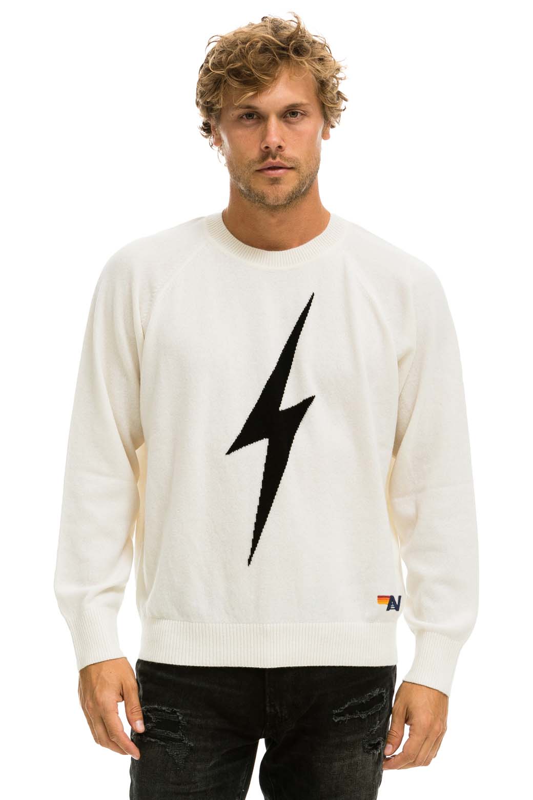 UNISEX BOLT CASHMERE LIGHT SWEATER - VINTAGE WHITE // BLACK BOLT Sweatshirt Aviator Nation 