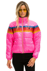 WOMEN'S 5 STRIPE LUXE APRES PUFFER JACKET - GLOSSY NEON PINK Jacket Aviator Nation 