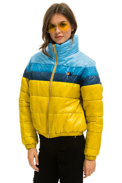 WOMEN'S COLOR BLOCK LUXE APRES PUFFER JACKET - HONEY GLOSSY Jacket Aviator Nation 