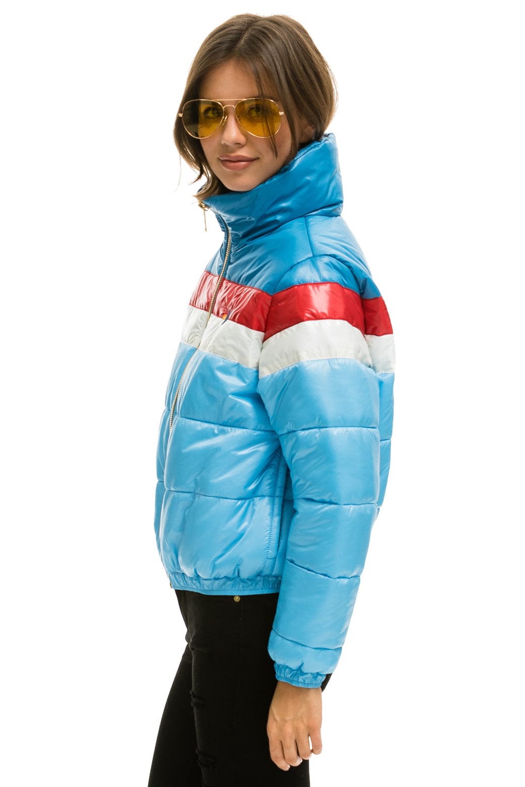 WOMEN'S COLOR BLOCK LUXE APRES PUFFER JACKET - SKY GLOSSY Jacket Aviator Nation 